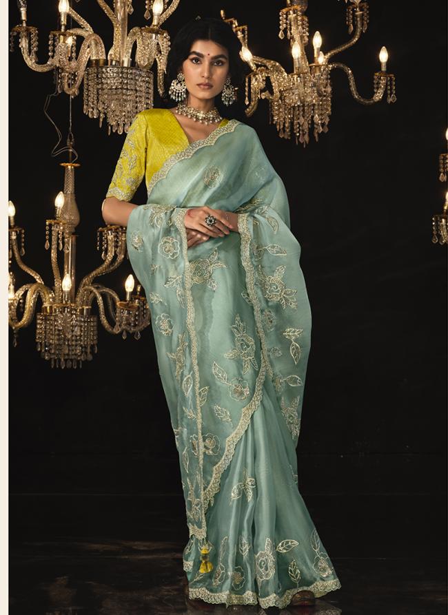 Organza Powder Blue Party Wear Embroidery Work Saree